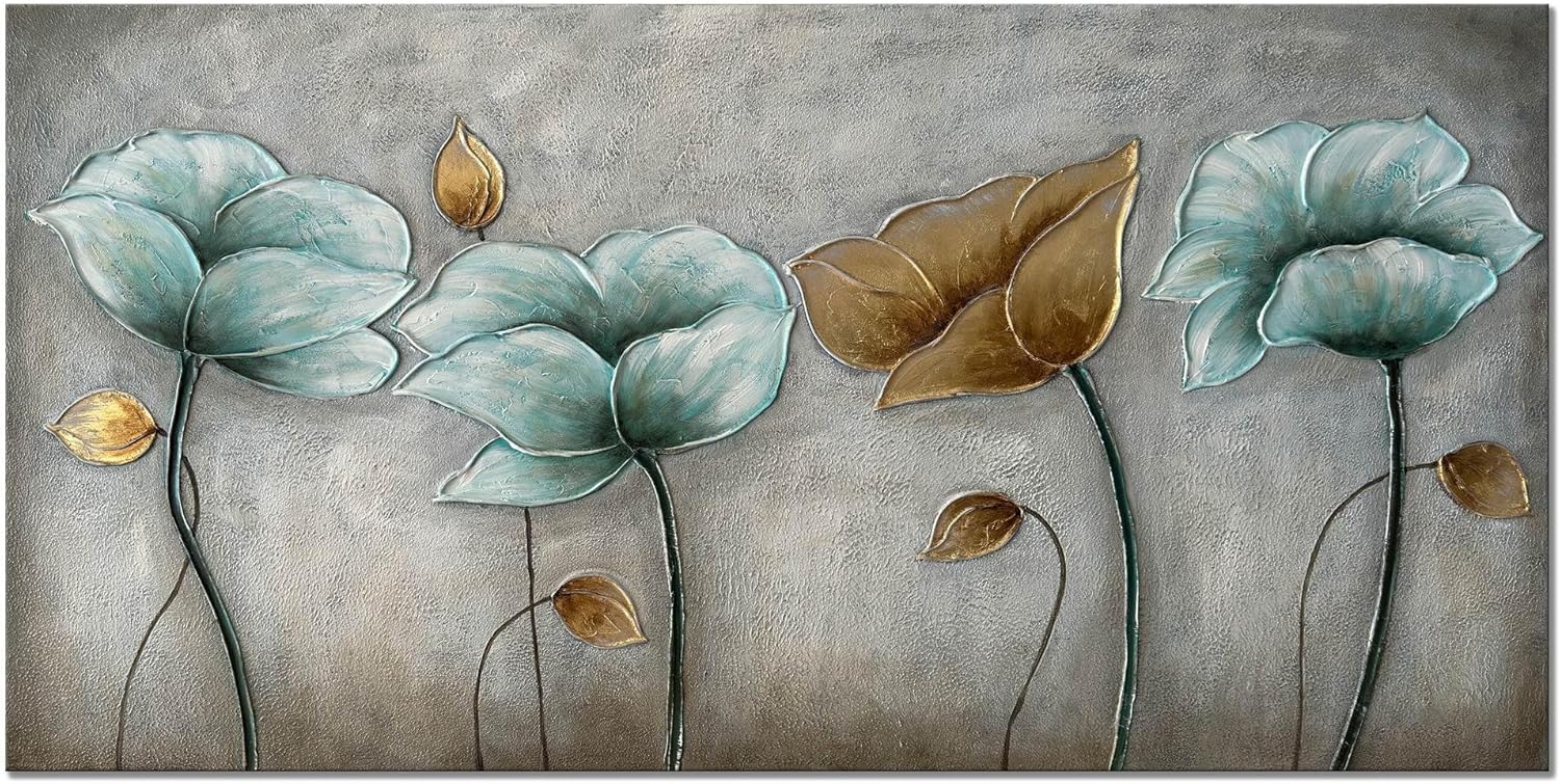 Paintings - Alenoss Oil Paintings on Canvas Large Wall Art 46x23 Inches 100% Hand Painted Abstract Modern Paintings Lotus Flower Colorful Floral 3D Metal Luster Artwork Wall Decor for Home Decorations