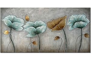 Alenoss Oil Paintings on Canvas Large Wall Art 100% Hand Painted Abstract Modern Paintings Lotus Flower Colorful Floral 3D Metal Luster Artwork Wall Decor for Home Decorations