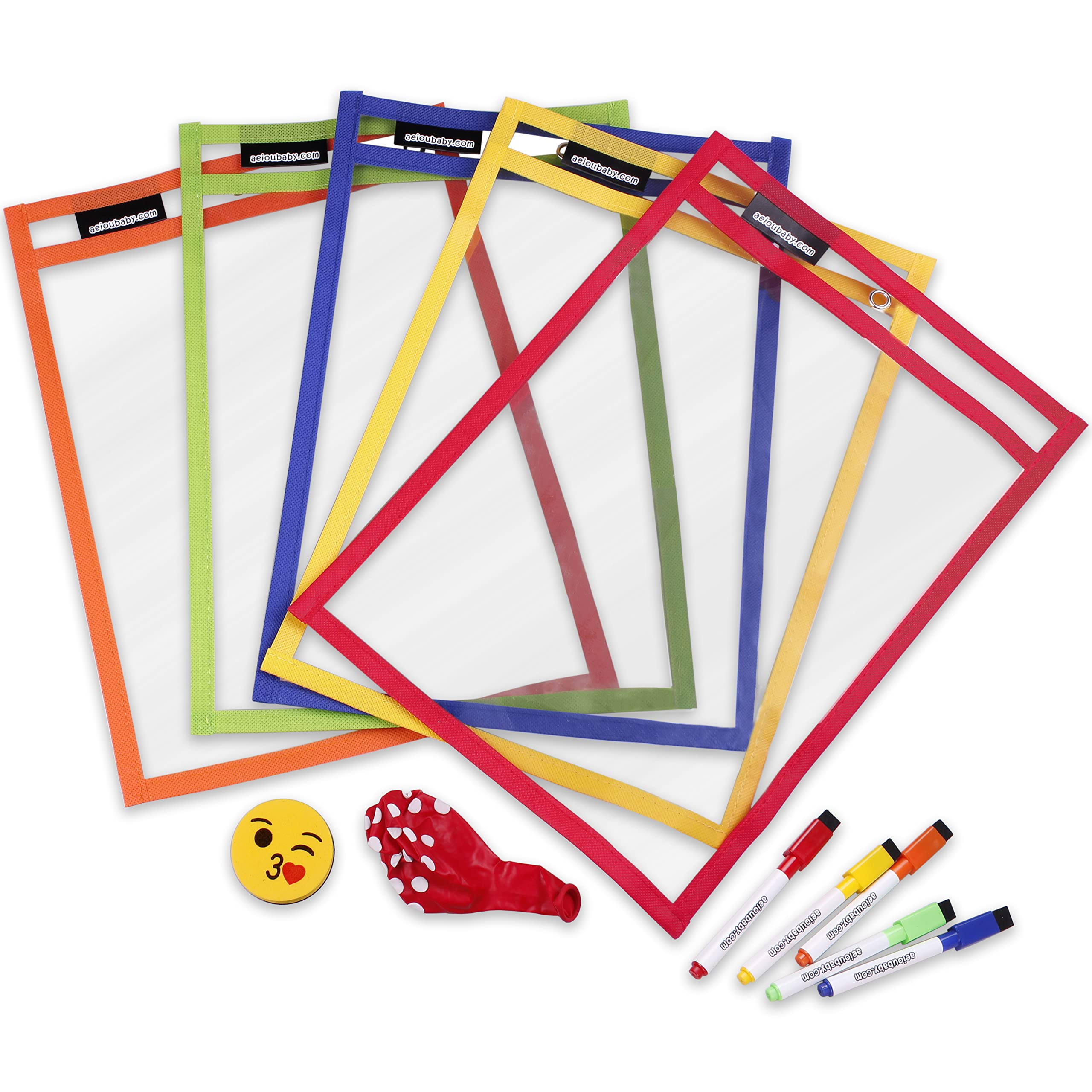 5 Reusable Worksheet Covers A4 Paper | Large Dry-Wipe Pockets 14x10 in. | PET Recyclable Ecological | 5 Colours, 5 Pens, Rubber and Balloon | School Supplies, Stationery, Nursery, Playgroup — image 1