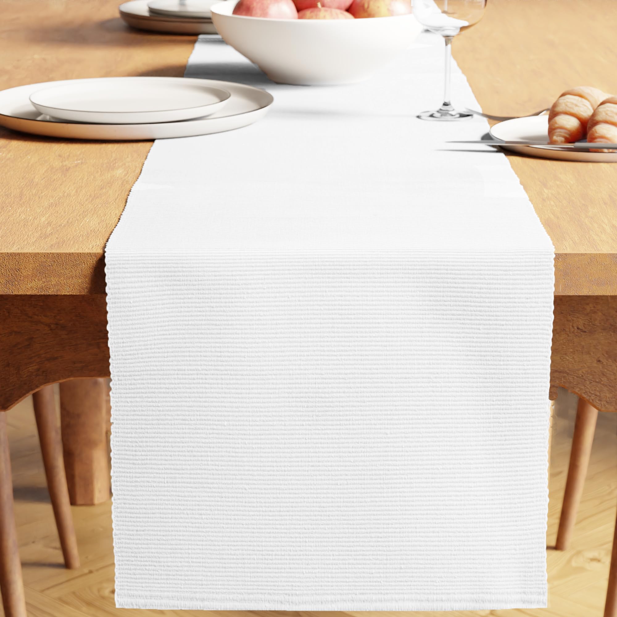 Encasa XO Dining Table Runner 32x183 cm | Yarn Dyed Fine Ribbed Cotton | White | Machine Washable — image 1