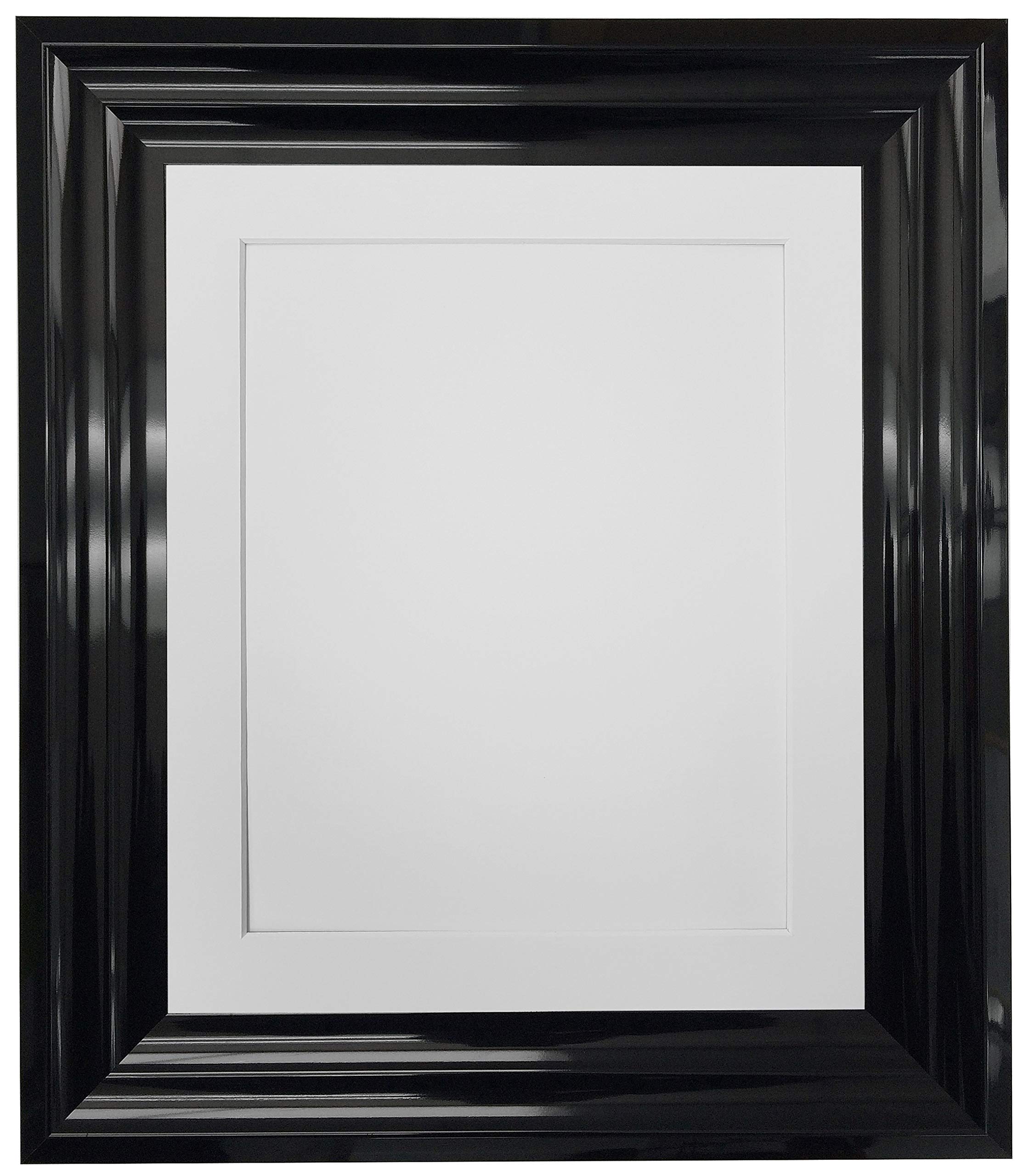 FRAMES BY POST Firenza High Gloss Black Picture Photo Frame Plastic Glass with White Mount 16"x12" for Image Size 12"x8"