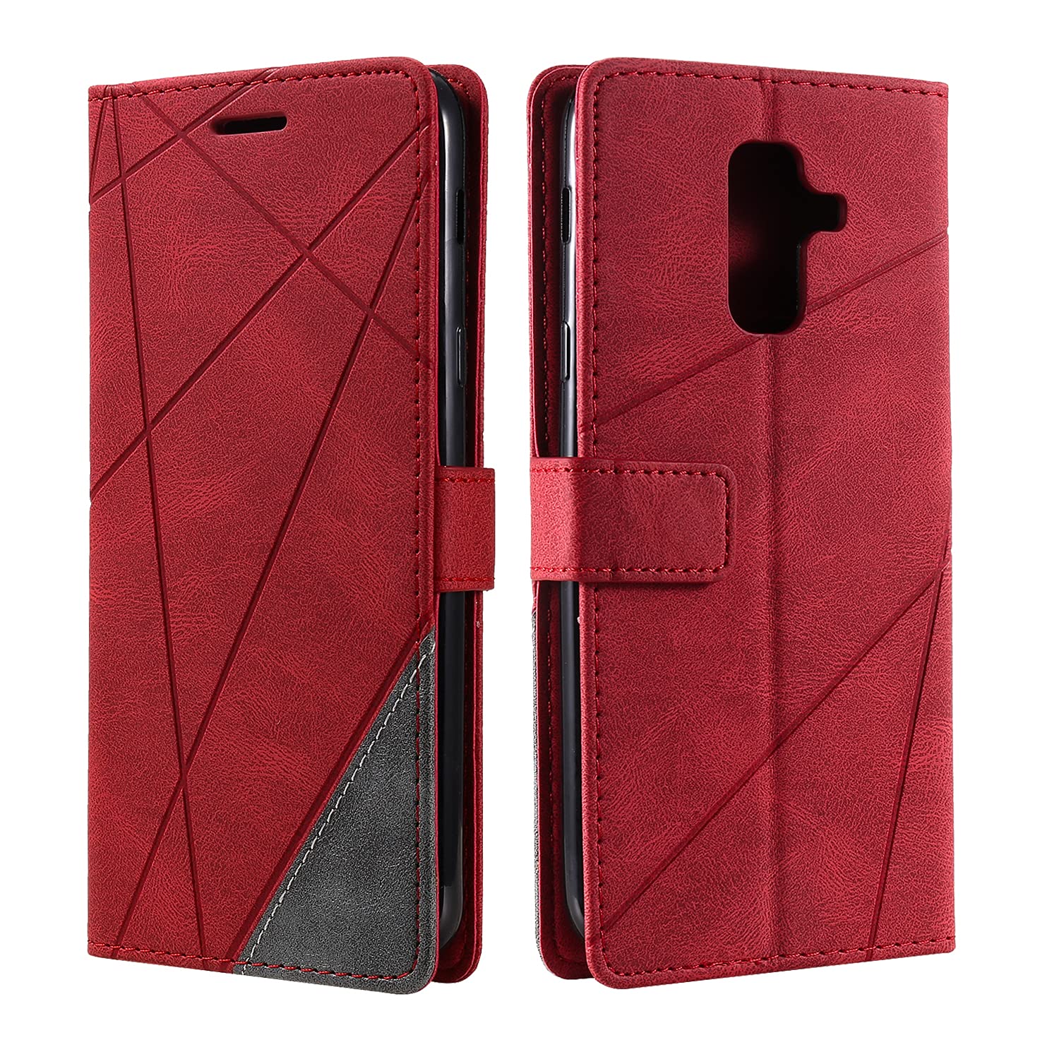 SONWO Case for Galaxy A6 Plus 2018 Case, Premium Leather Flip Wallet Case Magnetic Closure Card Slots Kickstand Phone Case for Galaxy A6 Plus 2018, Red