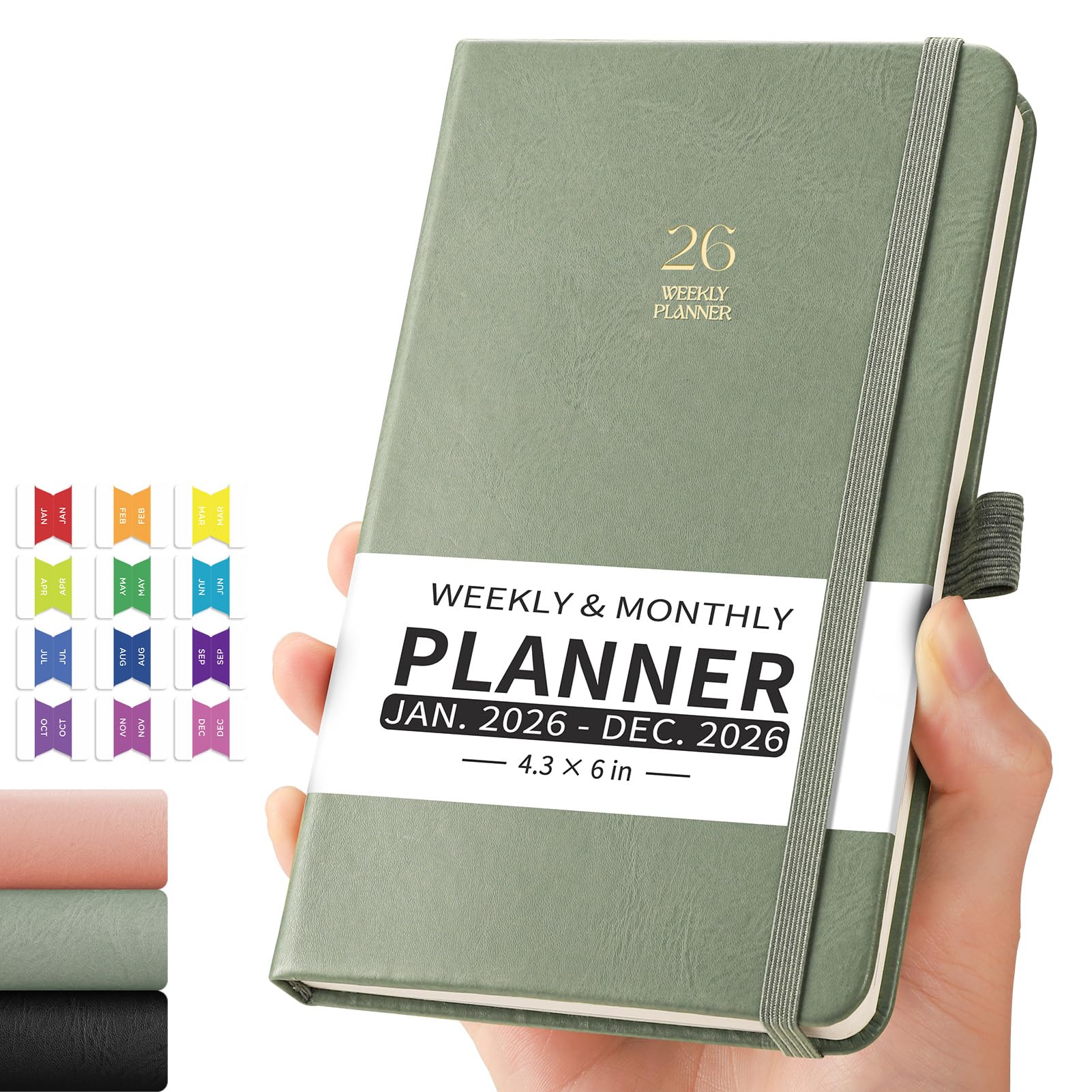 Photo 1 of 2026 Pocket Calendar for Purse - 4.3" x 6" A6 Small Mini Weekly and Monthly Planner, Jan-Dec 2026, 100GSM Thick Paper, Leather Hardcover, Colorful Tabs, Notes, Pen Loop, Back Pocket, Light Green