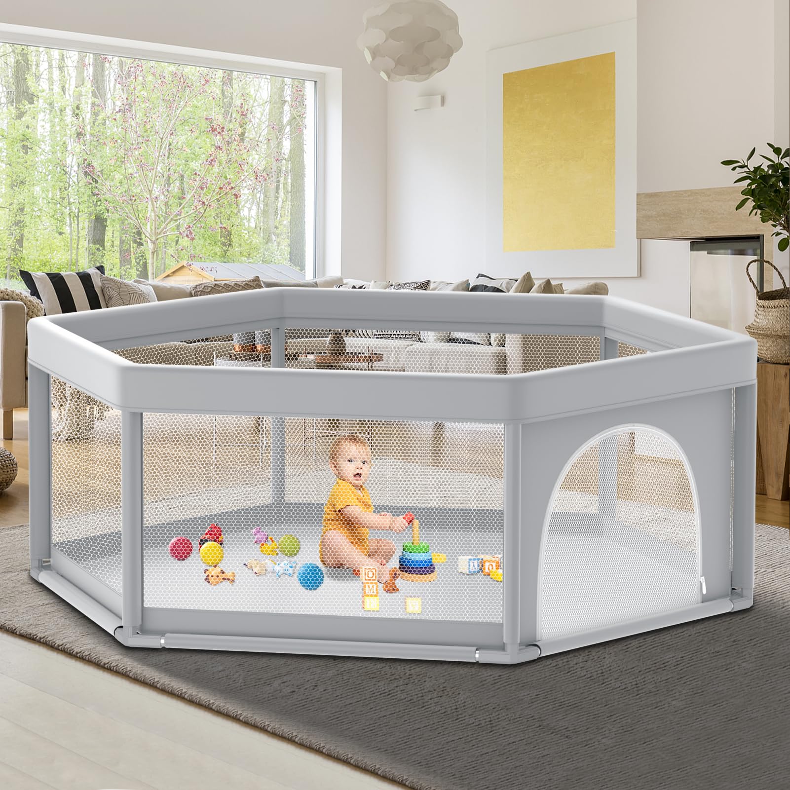 Photo 1 of Fshibila 65" ×65" Hexagonal Baby Playpen, Baby Playard for Babies and Toddlers, BabyFence Play Pens for Indoor & Outdoor, Sturdy Safety Play Yard with Soft Breathable Mesh, Anti-Fall, Grey