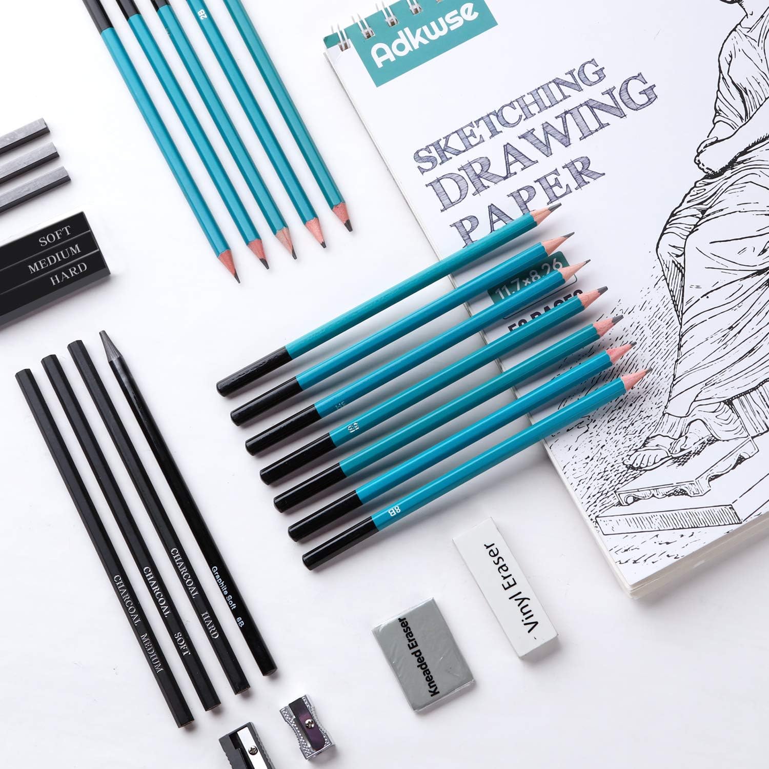 Adkwse Sketch Pencils Set, Art Supplies, Drawing Set, Graphite and Charcoal Pencils, 100 Page Drawing Pad and Kneaded Eraser, Art Kit and Supplies for Kids, Teens and Adults, Sketch Set : Office Products