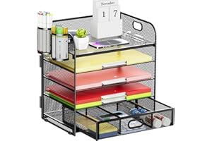 Lavatino 5 Tier Paper Organizer for Desk, Letter Tray with Drawer and 2 Pen Holders, Mesh File Sorter, Desktop Document Shelf Storage Organization Office School Home Black With Drawer