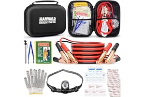 MANWALD Emergency Car Tool Kit Roadside Assistance Tool Kit, Vehicle Safety Tool with Headlamp, Gloves and Jumper Cable Kit, Essential Car Accessories for Men, Women