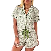 SELINK Womens Summer Pajamas Sets Short Sleeve Flower Print Button Down Sleepwear Loungewear 2 Piece Pj Set