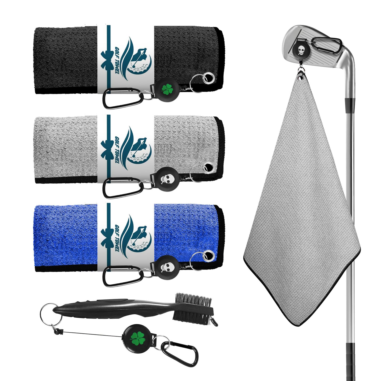FINGER TEN Golf Towels for Golf Bags with 3 Strong Magnetic Retractable Carabiner for Women Men Value 3 Pack with Black Brush, Golf Towel 16''X16'' Microfiber Waffle Pattern Absorbent Set