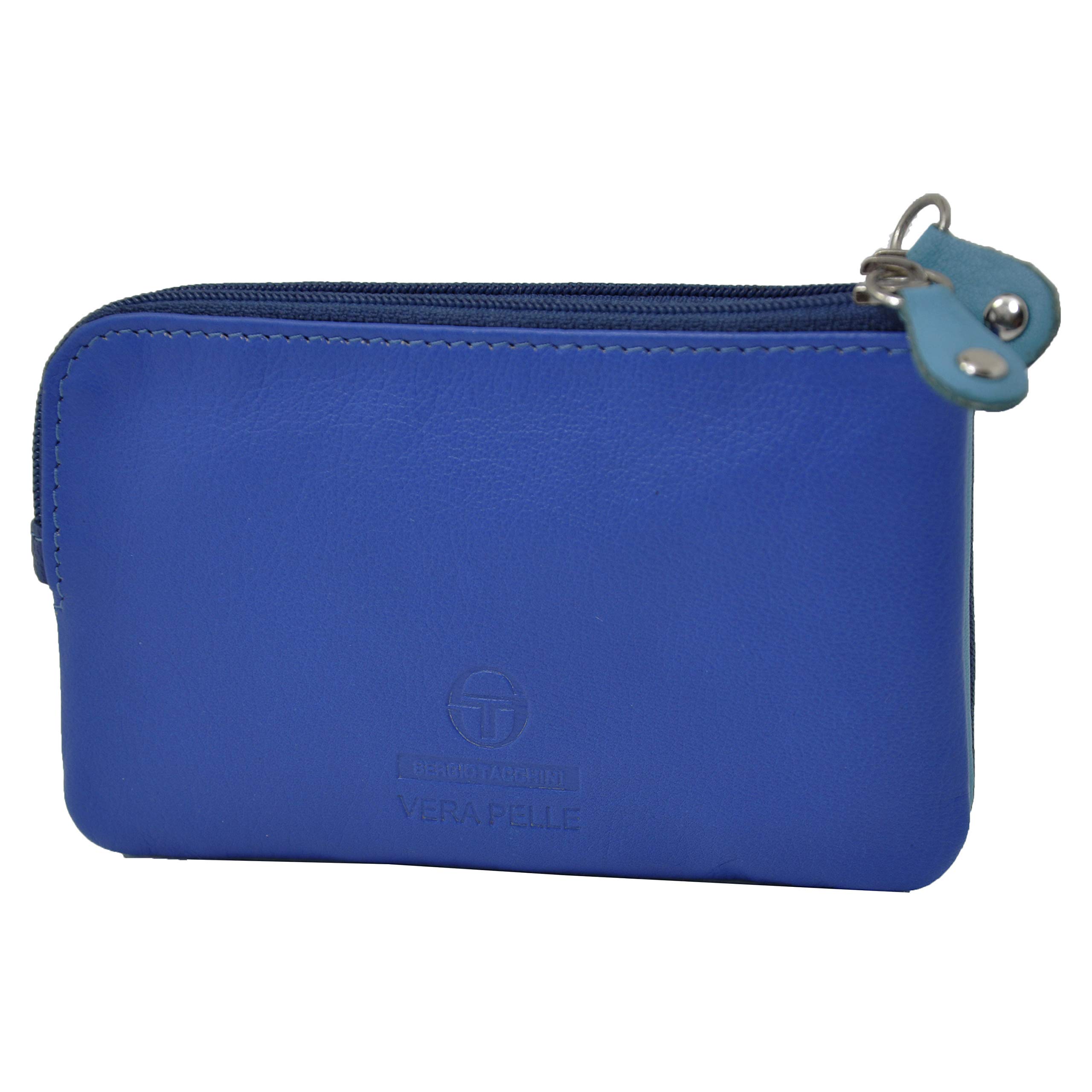 SERGIO TACCHINI keyholder in genuine Leather with zip, Double and Detachable with Clip, Purse, Multicolor, Modern design, Unisex Blue -