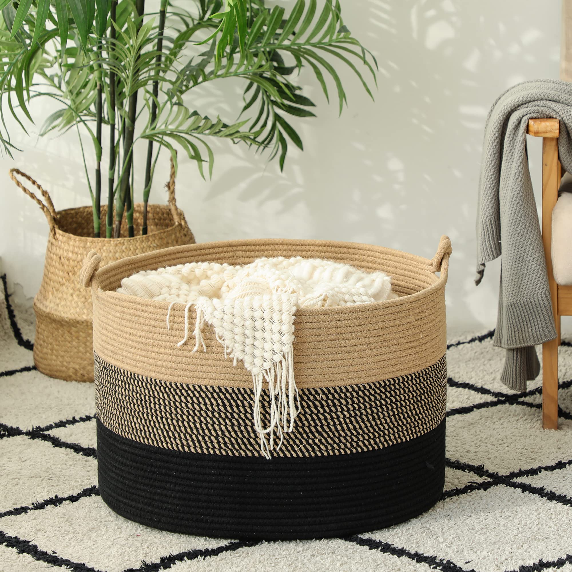 KAKAMAY Large Blanket Basket (20"x13"),Woven Rope Baskets for storage Baby Laundry Hamper, Cotton Rope Blanket Basket for Living Room, Laundry, Nursery, Pillows,Baby Toy chest (Jute/Black)