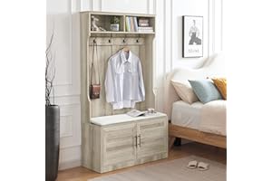 Betoko Hall Trees with Bench and Coat Racks, 71 Inch Entryway Bench with 2 Cabinet Doors, Wood Coat Tree Mudroom Storage Benches (White Oak)