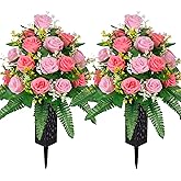 MOOMASS Artificial Cemetery Flowers – Grave Decorations, Cemetery Flowers for Grave Vase, Artificial Rose, Silk Flowers for Long-Lasting Remembrance(Pink+Light Pink, 2 Bouquets)