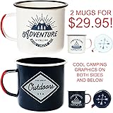 Adventure Enamel Camping Mug - 2 Pack LARGE 16oz of Love, Morning Coffee Mug - (455ml) Tin Cup Campfire Mug For Outdoors, Breakfast Wanderlust Travel Cup For The Happy Camper!