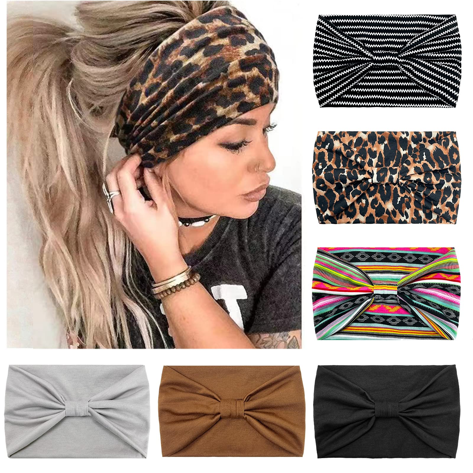 Kavya 6 Pcs Wide Soft Ladies Headbands - Boho, Fashion Print Bandanas, Knot Adult Scarfs & Elastic Fashion Yoga Hair Bands - Leopard — image 1