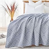 jinchan Boho 100% Cotton Blanket Muslin Twin Size 60x80 Inches Lightweight 3-Layer Geometric Square Striped Pattern Reversible Quilt Throw Soft Breathable Comfy All Seasons for Couch Bed Decor, Blue