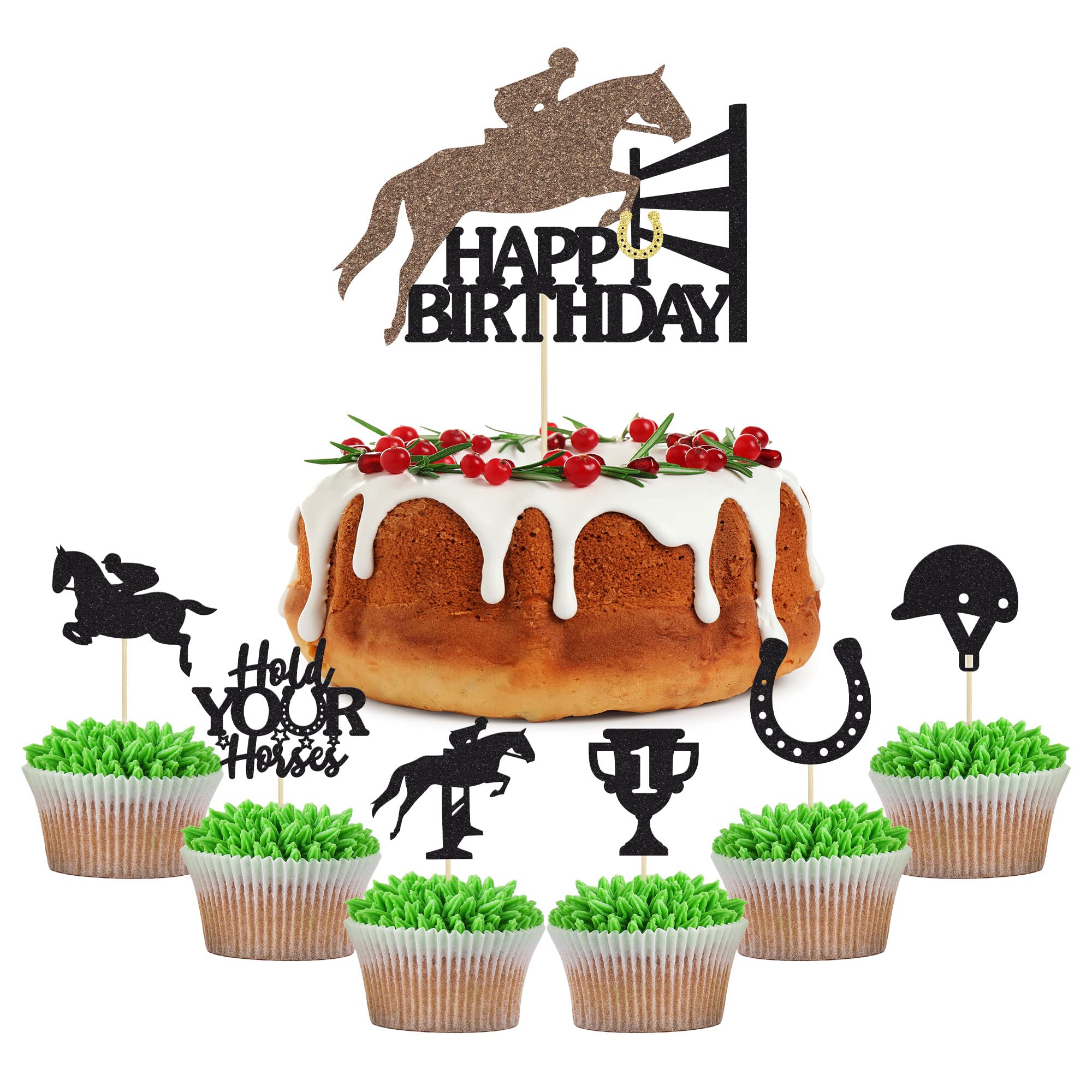 Gyufise 25Pcs Horse Birthday Party Decorations Black Glitter Horse Theme Cake Cupcake Toppers for Horse Racing Party Baby Shower Supplies
