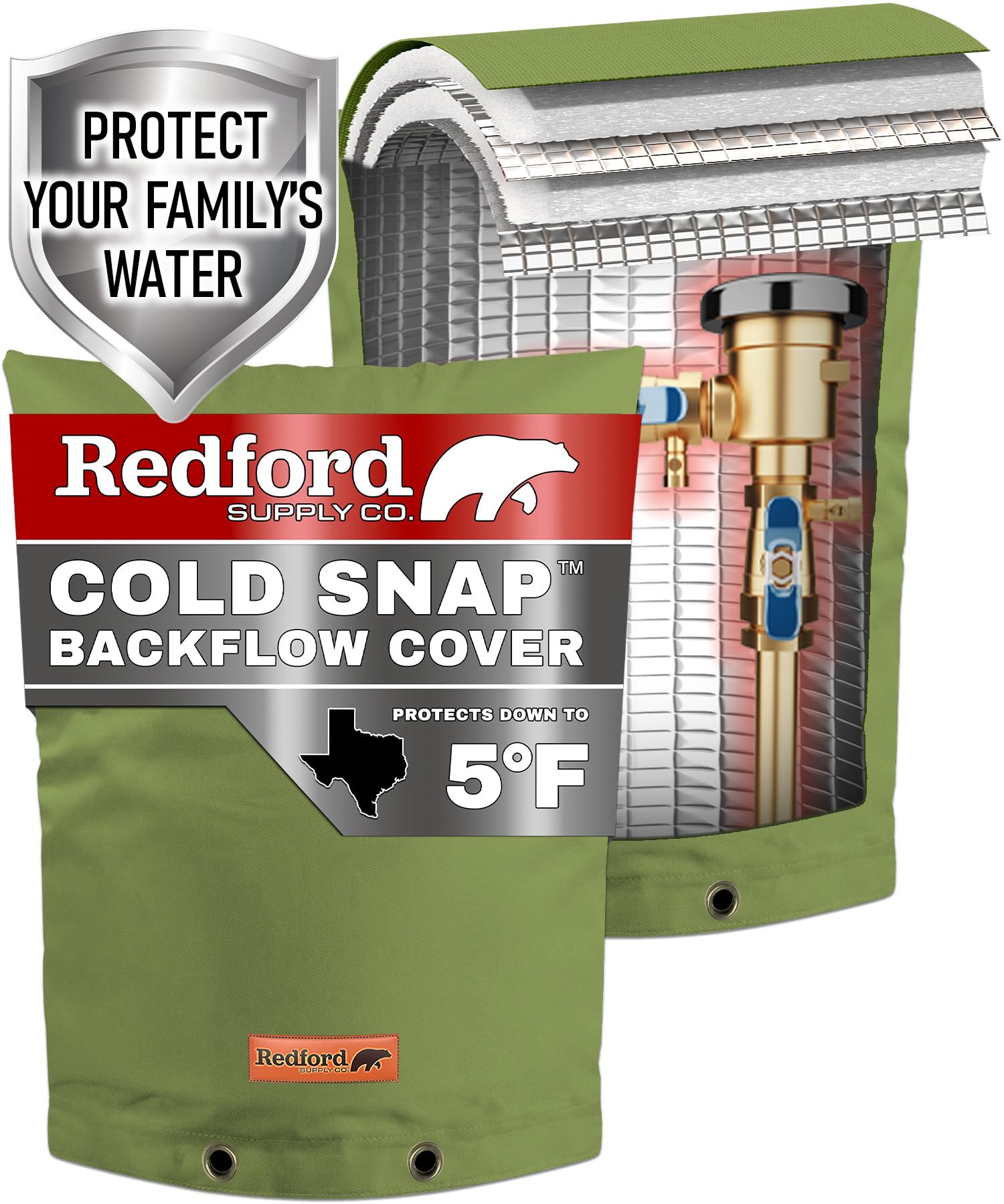 Photo 1 of Redford Supply Co. Cold Snap (5°F) Backflow Preventer Insulation Cover, 12"W x 26"H, Pipe Insulation, Water Sprinkler Covers for Outside, Sprinkler Backflow Cover for Winter, Well Pump Bag (Green)