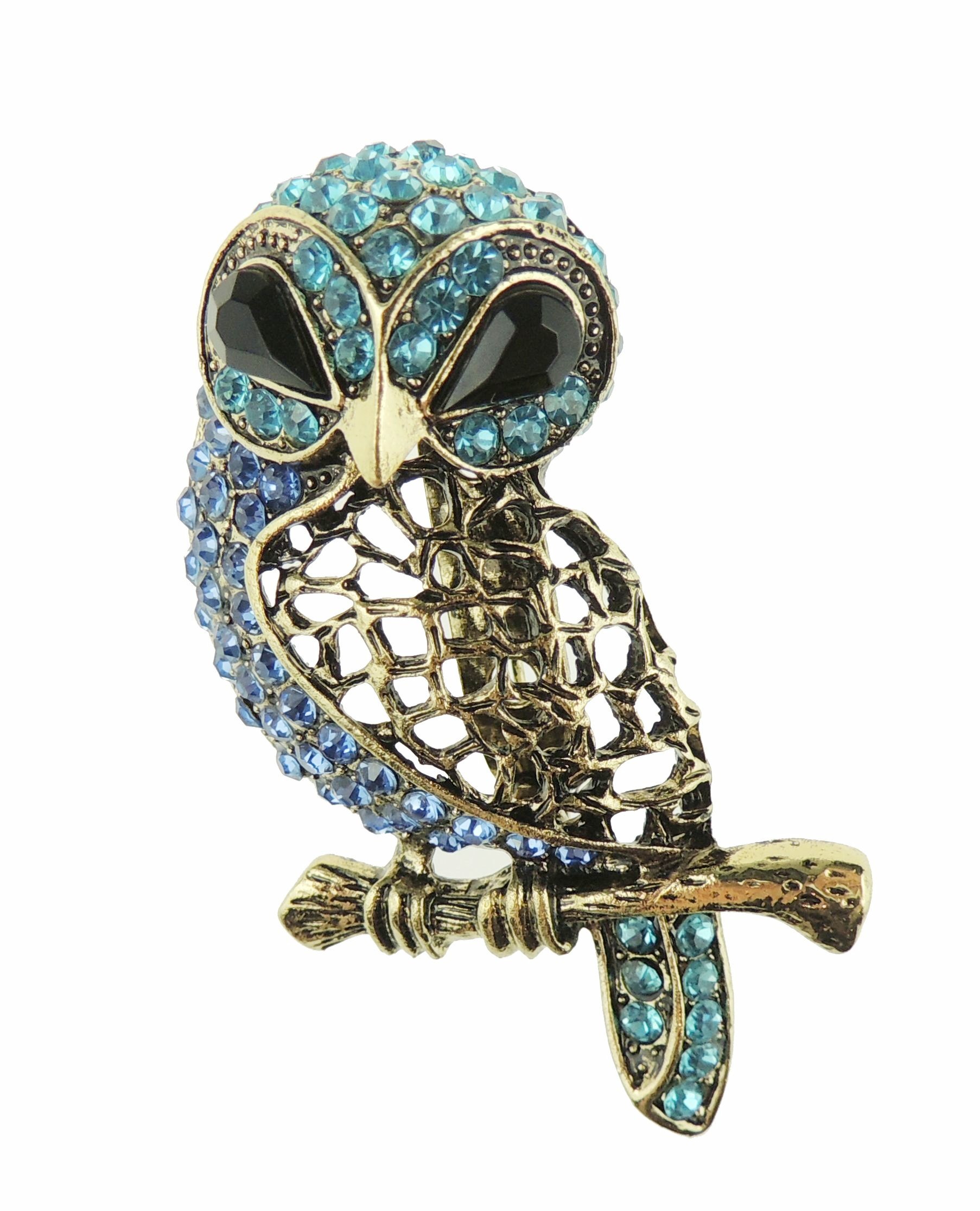 Womens Mens Gold Tone Antique Look Crystal Diamante Wedding Guest Christmas Birthday Gift Boxed Bird Wildlife Lover Fashion Badge Scarf Dress Lapel Brooch Pin Barn Tawny Owl Turquoise Royal Blue