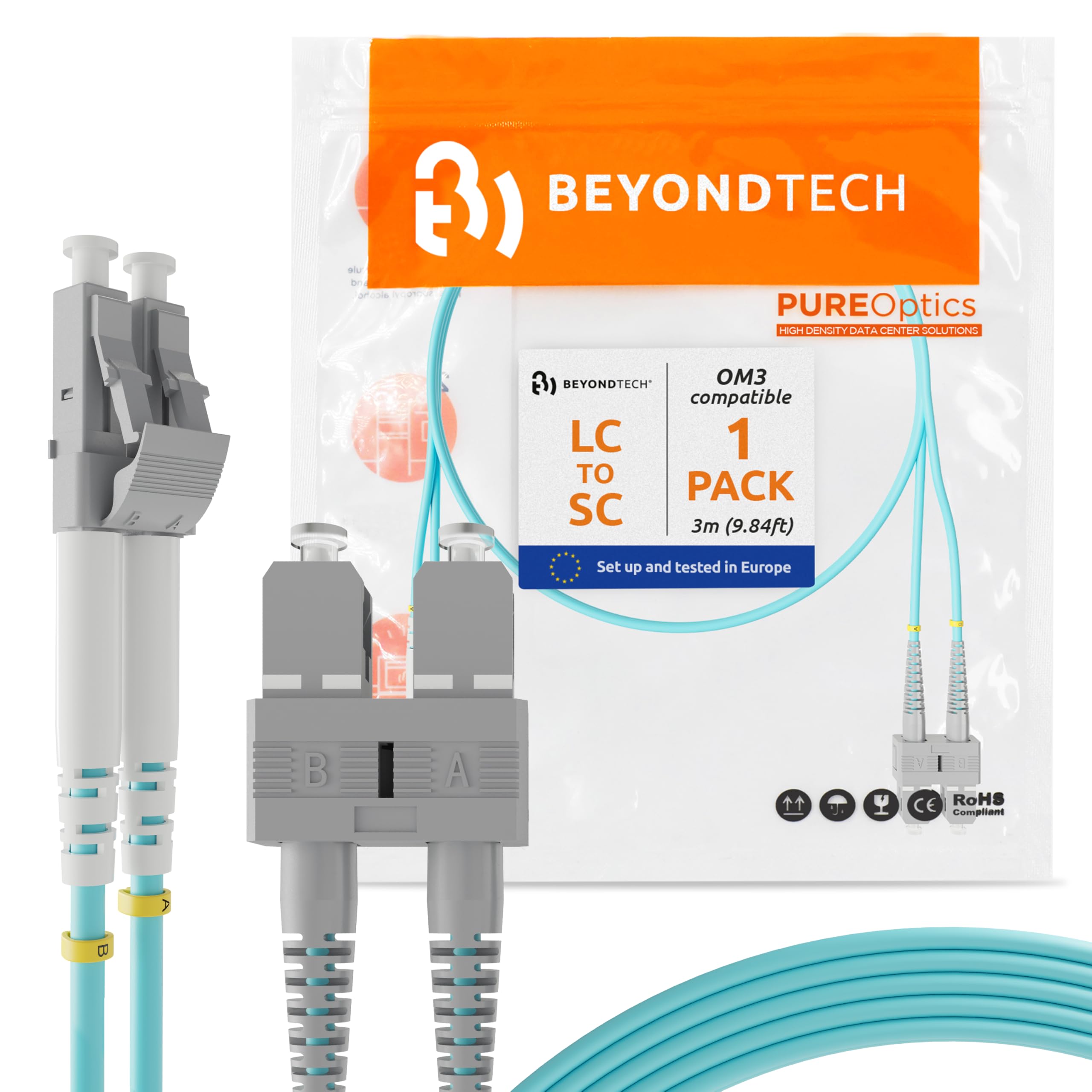 LC to SC OM3 Fibre Patch Cable Multimode (LSZH) 50/125 10G Duplex - 3M (1 Pack) - Beyondtech PureOptics Lead Series