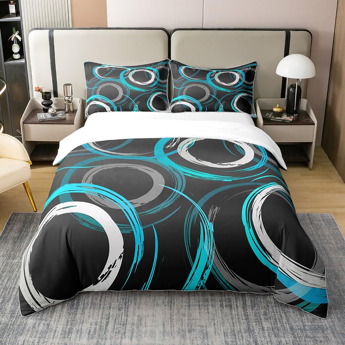 Geometric Cotton Duvet Cover for Kids Boys Girls,Mid Century Swirl Circle Bedding Set Super King,Watercolor Ombre Comforter Cover,Abstract Art Bed Sets with 2 Pillowcases,Teal Black White