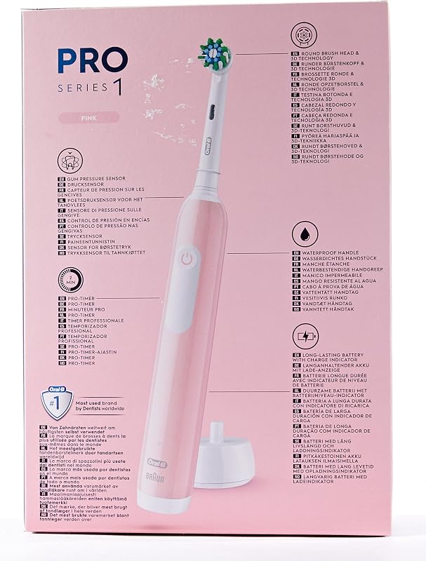 Escova de dentes elétrica oral-b pro series 1, pacote duplo, 2 cabeças de escova, 3 modos de escovação e sensor de pressão para atendimento odontológico, projetada por marrom/rosa/preto