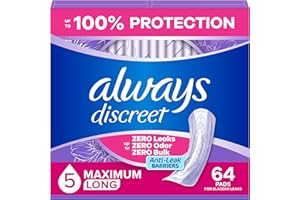 Always Discreet Adult Incontinence Pads for Women, Maximum Absorbency, Long Length, Postpartum Pads, 64 Count