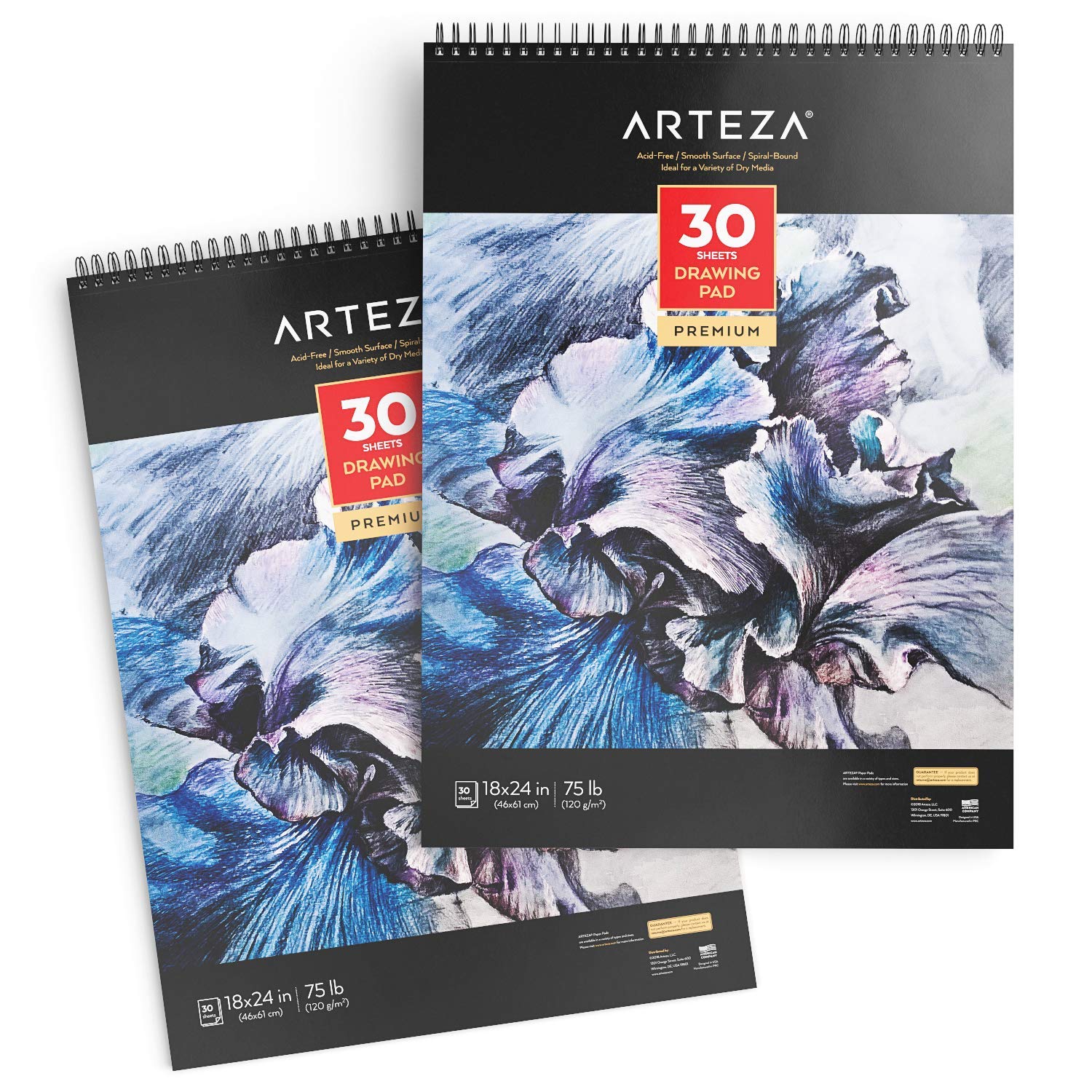 Arteza 46 x 61 cm Drawing Pad with Micro-Perforation, 2 Pack, 60 Sheets, 120gsm, Spiral-Bound, 30 Sheets Each, Heavyweight Paper with Micro-Perforation, Art Supplies for a Variety of Dry Media