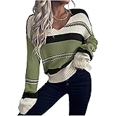 GORGLITTER Women's V Neck Striped Sweater Oversized Trendy 2025 Fall Holiday Cute Colorful Long Sleeve Pullover Tops