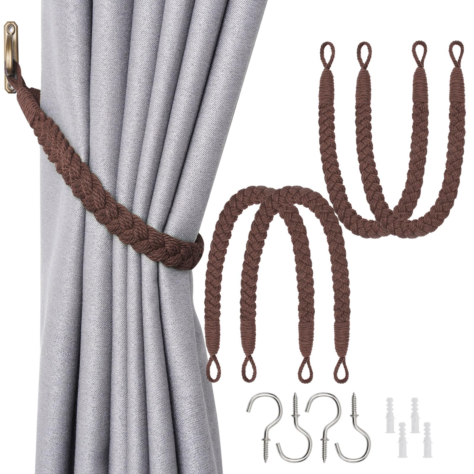 Pretty Jolly 4 Pack Natural Cotton Rope Curtain Tiebacks Elegant Boho Style Decorative Drape Tie Backs Soft Hand-Woven Rope Curtain Holdbacks with Metal Hook for Home & Office Drapery (Coffee)