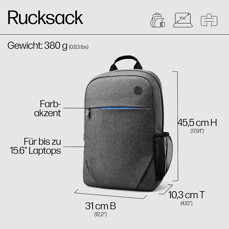 Prelude Laptoprucksack 15,6 Zoll – wasserabweisend, leicht & robust – Notebook Rucksack für Reisen, Business, Schule & Uni – gepolstert, mit Trolley-Gurt & Zubehörfächern – Grau
