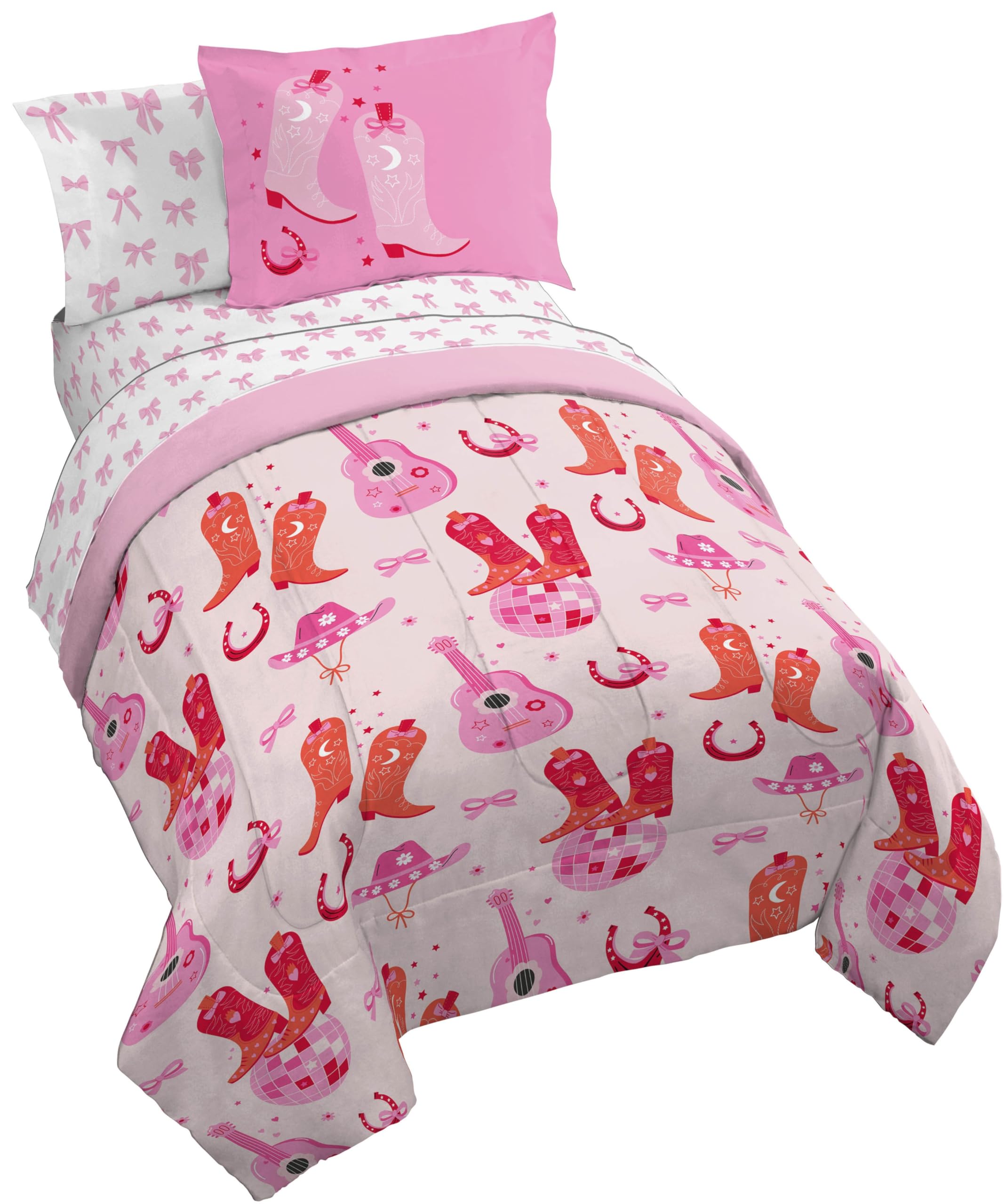 Jay Franco Kids Comforter Set Includes Sheets and Pillow Covers - Soft and Cozy Bed Set for Stylish Room Decor, Pink, Cowgirl Boots & Bows 7 Piece Full Size Bedding Image
