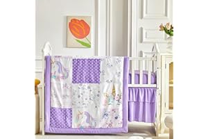 UOZZI BEDDING Patchwork Crib Bedding Set Unicorn Plaid Floral Design 3 Pieces Baby Girl Cute Quilted Comforter with Fitted Sheet and Bed Skirt - Purple Pink Flower White Unicorn Dots Magical Style Crib Bed Set
