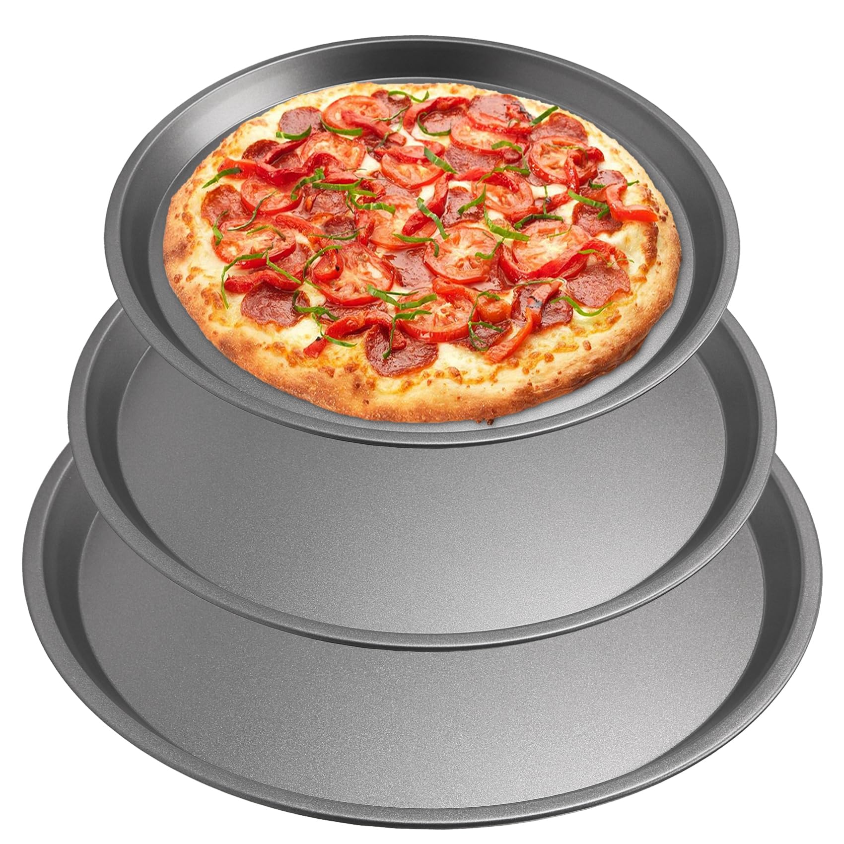 Ksrnsne 3Pcs Non-Stick Pizza Baking Tray Set - Round Baking Tray for Pizza, Cakes, Pie, 10"/11"/12"