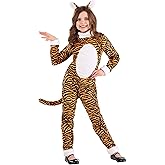 Girls Tigress Costume with Headband - Kids Tiger Jumpsuit - Child Jungle Cat Animal Halloween Costume