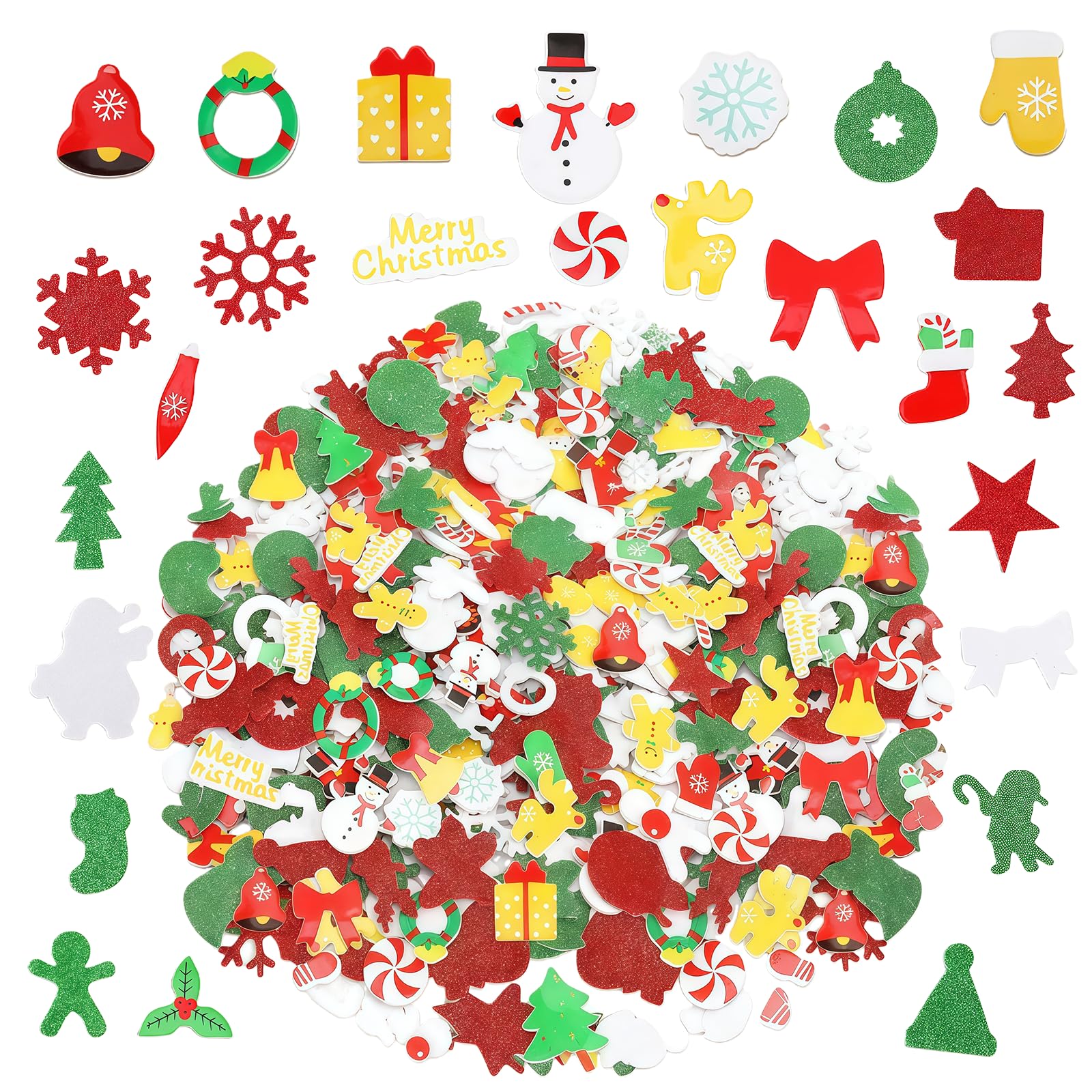 YIERM 100pcs Foam Christmas Stickers Self Adhesive Snowflake Santa Sticker Holiday Xmas Decorations Decals Stickers Xmas Festive Stocking Fillers for Christmas Arts and Crafts