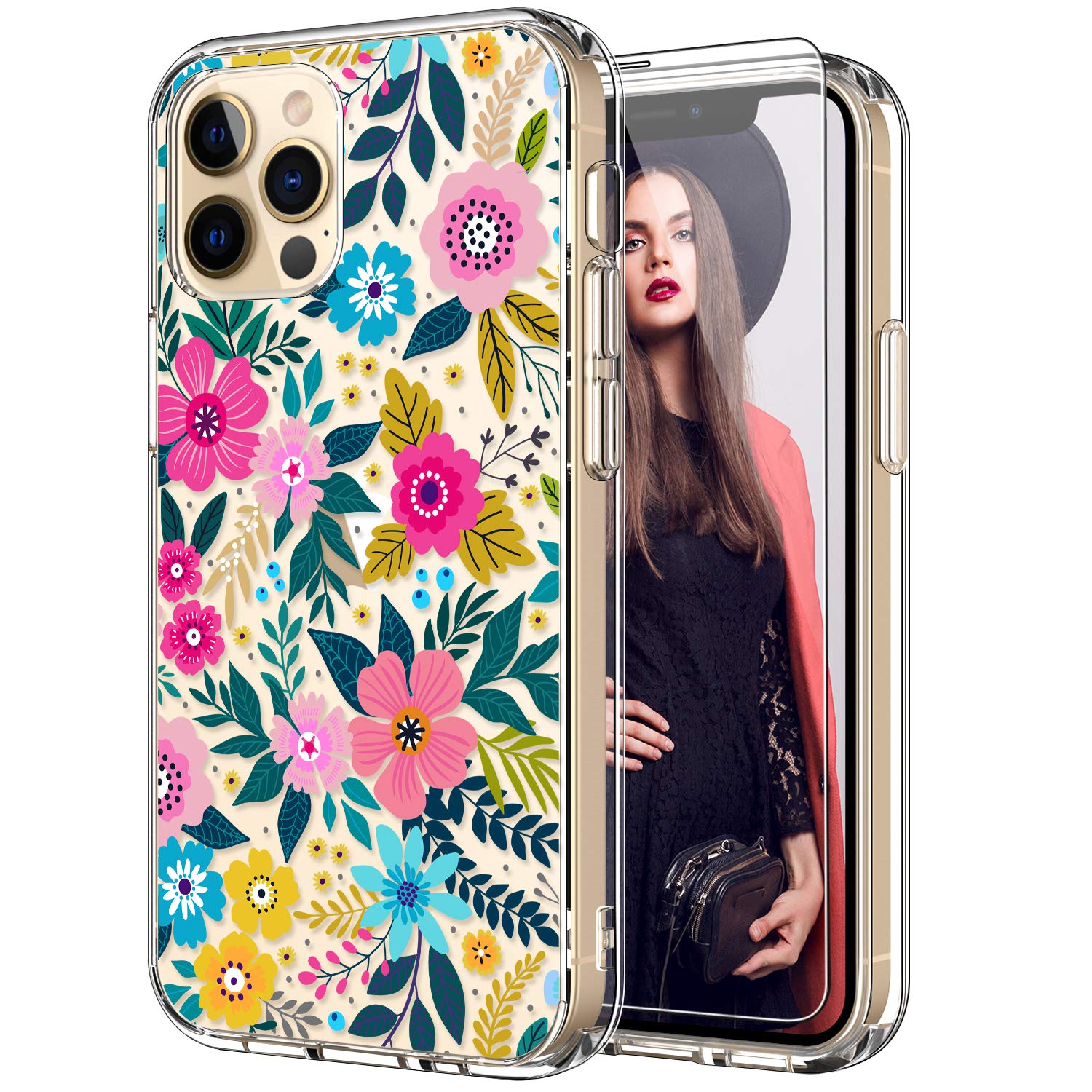 ICEDIO for iPhone 12 Pro Max Case with Screen Protector,Clear with Cute Colorful Blooming Floral Patterns for Girls Women,Slim Fit TPU Cover Protective Phone Cover