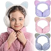 TecUnite 4 Pcs Kids Cat Ear Winter Earmuffs, 4 Colors: Grey, White, Purple, Pink