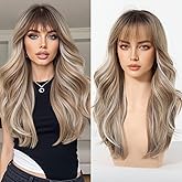 Nuxovin Long Curly Wigs Human Hair Ash Blonde with Curtain Bangs Lightweight Breathable Natural Looking Hair Replacement for Women Daily Party (Ash Blonde,20inch)