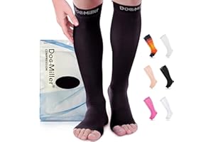 Doc Miller, Open Toe Compression Socks, 8-15 mmHg, Toeless, Support Circulation, Shin Splints, Calf Recovery, Varicose Veins, Knee High, Medical Grade, Black Socks, Large Size for Men & Women, Pair