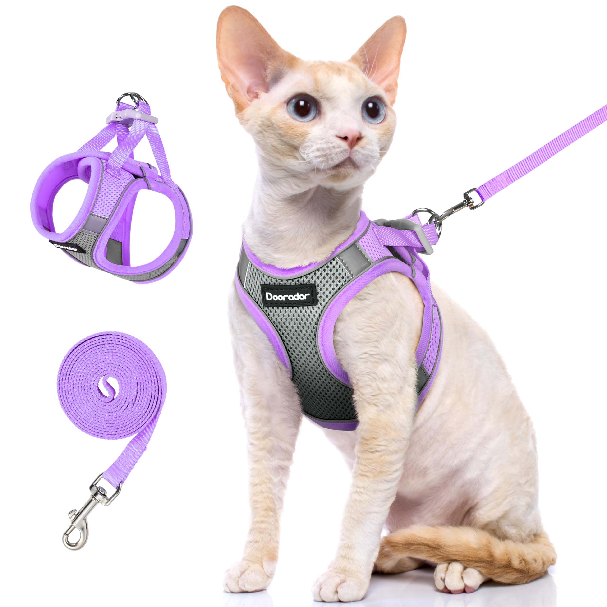 Photo 1 of Dooradar Cat Harness and Leash Set, Escape Proof Lightweight Kitten Harness, Soft Breathable Reflective Vest for Outdoor Walking Traveling, Adjustable for Small Cats, Grey & Purple, S