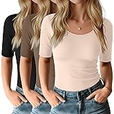 Neer 3 Pack Women's Scoop Neck Tops Half Sleeve Slim Fitted Cotton Blend Stretchy T-Shirts Tight Casual Basic Tees
