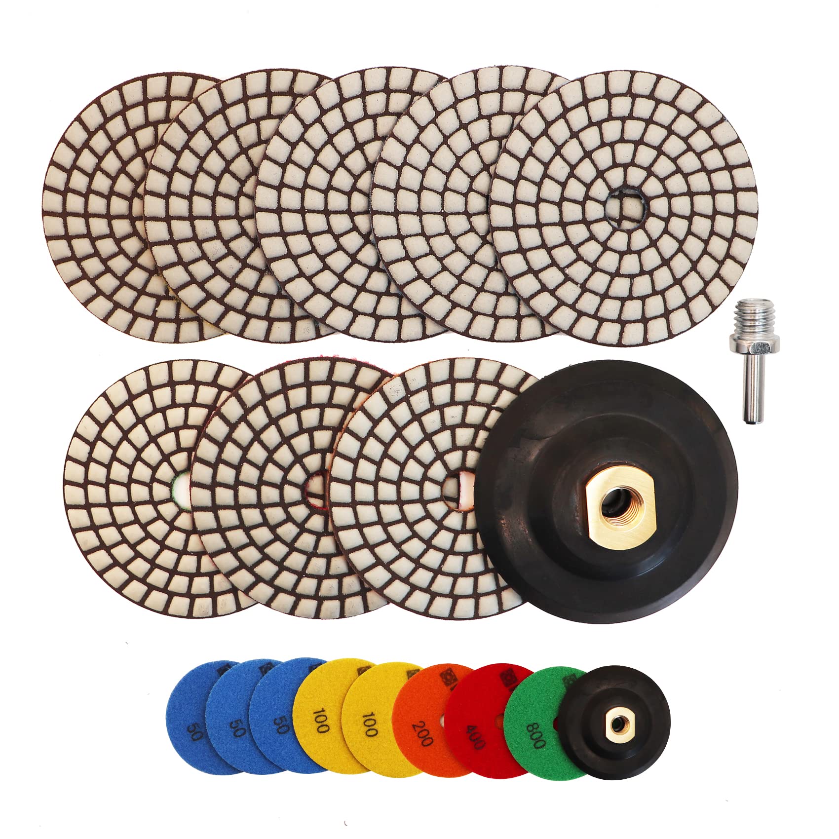 HIGHDRIL Dry Diamond Polishing Pad - 8PCS (#50x3/#100x2/#200/#400/#800) 100MM with Rubber Backing Pads+ M14 Adapter for Granite Stone Marble Floor Polish Pad Kit for Drill, Grinder, Polisher