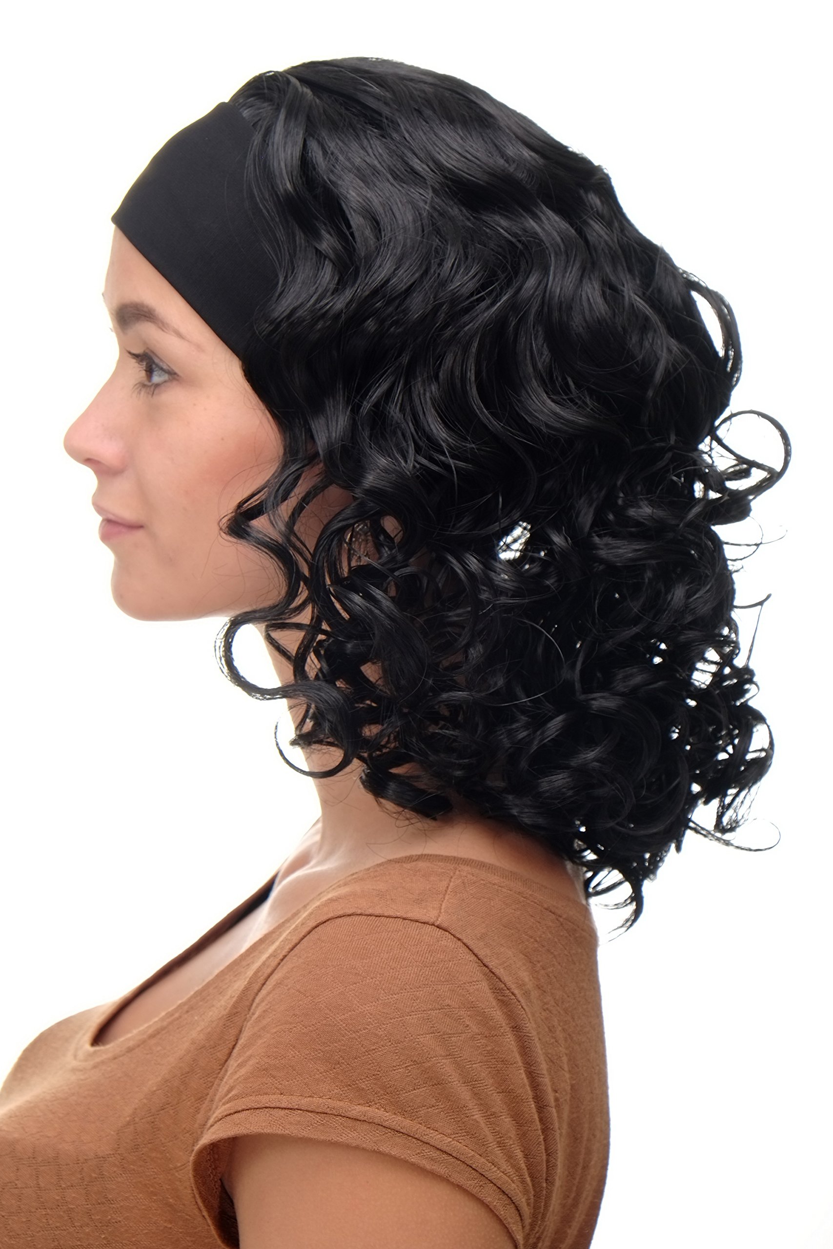 WIG ME UP - BRO-704-1B Lady Quality Wig fixed black head band shoulder length very voluminous curled black