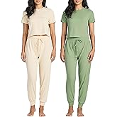 Real Essentials 2 Pack: Women's Ribbed Knit Lounge Sets – Short Sleeve Top with Jogger Sweatpants
