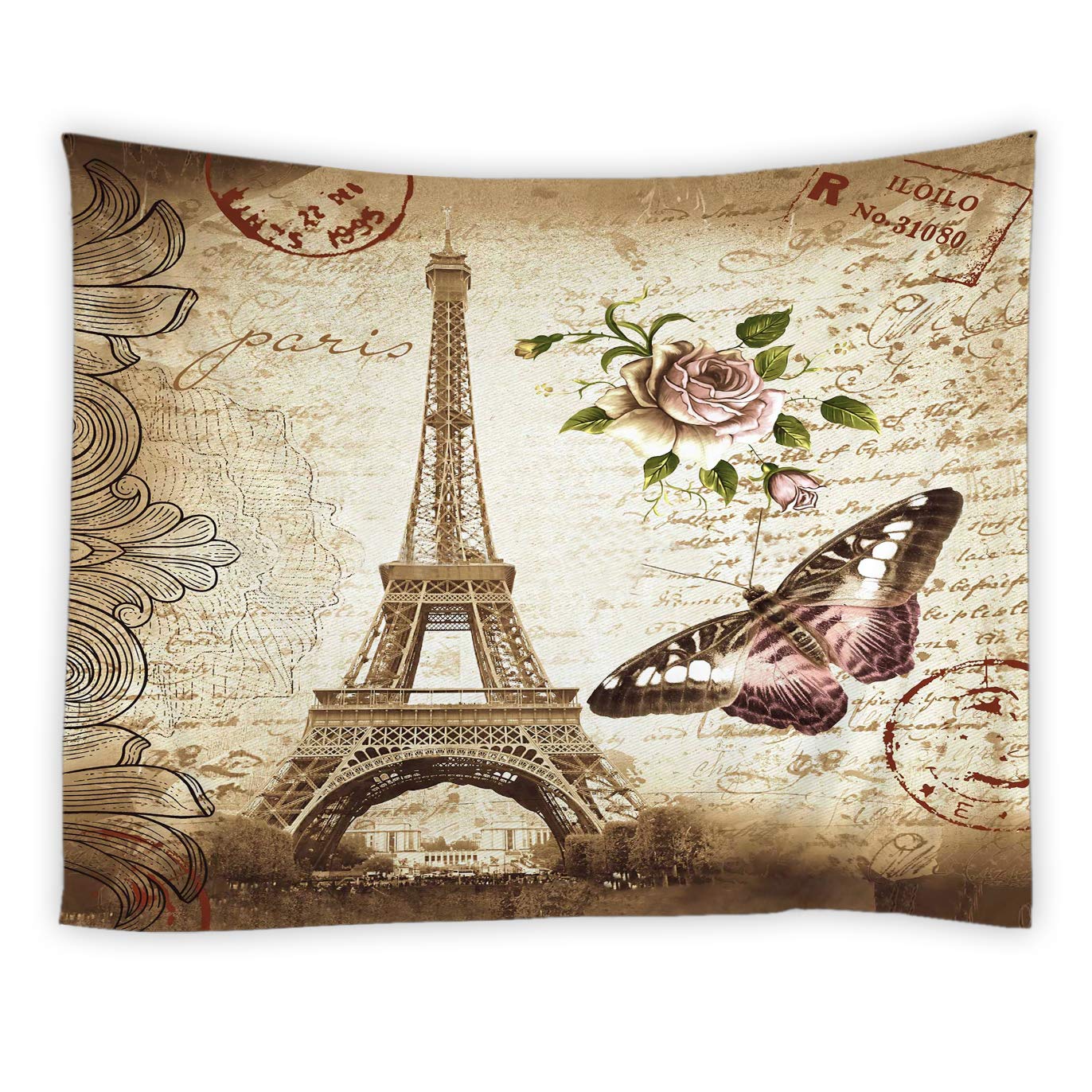 AMNYSF Vintage Paris Eiffel Tower Tapestry Wall Hanging Retro Floral Butterfly Rose Flower Stamp Romance City Scenery Decor Tapestries For Bedroom Living Room Dorm 70X70 Inch
