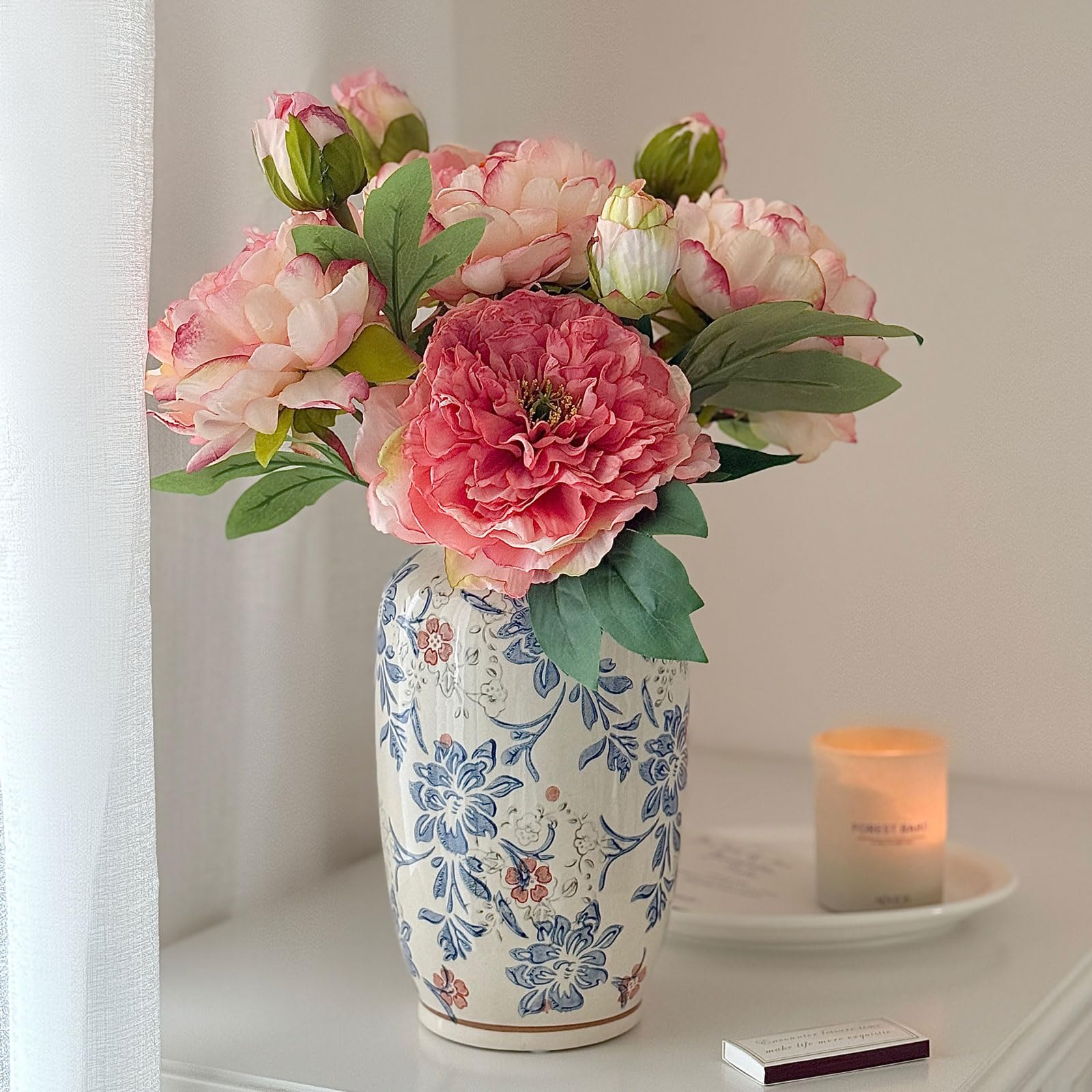 Photo 1 of Vintage Blue and White Tall Ceramic Vase, Porcelain Decorative Flower Vase for Centerpiece Living Room Table Shelf Chinoiserie Country Decor