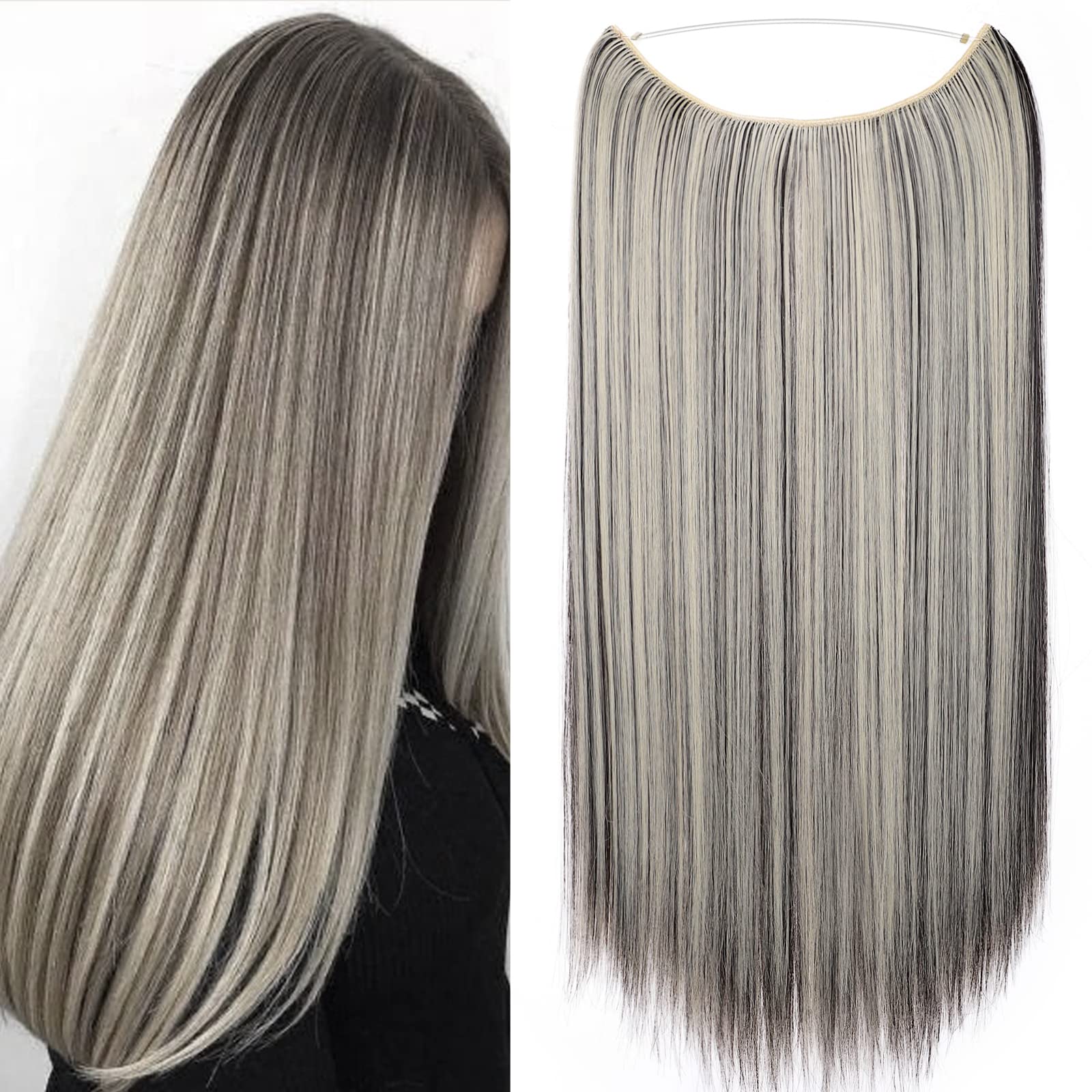 20 Inches Straight Hair Extensions Secret Headband No Clip Easy Invisible Crown Wire in Hair Extensions Hairpiece for Women Black & Bleach Blonde