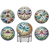 Onebttl Dragonfly Gifts for Women, 6 Pcs Coasters for Drinks with Corked Back and Metal Holder for Dragonfly Lovers Home Decorations - Stained Glass