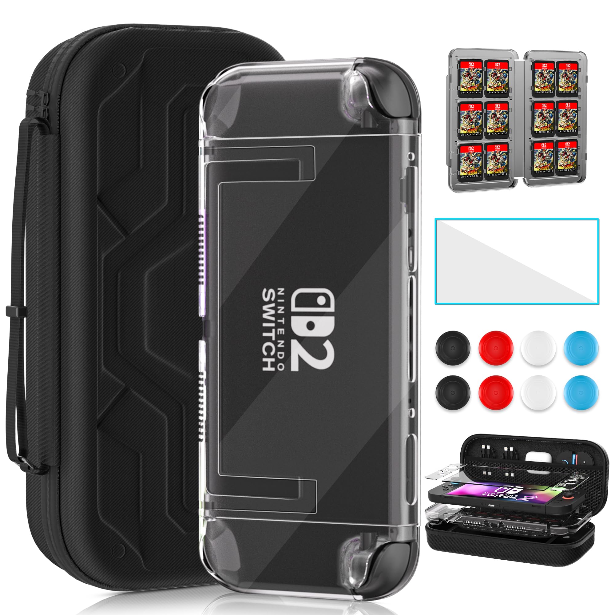 FUNDIARY Large Capacity Carrying Case for Nintendo Switch 2 (2025) - 3 in 1 Accessories Bundle with Screen Protectors, Thumb Grip Caps, 12 Game Cartridges, Clear Case, Hard Shell Portable Bag, Black